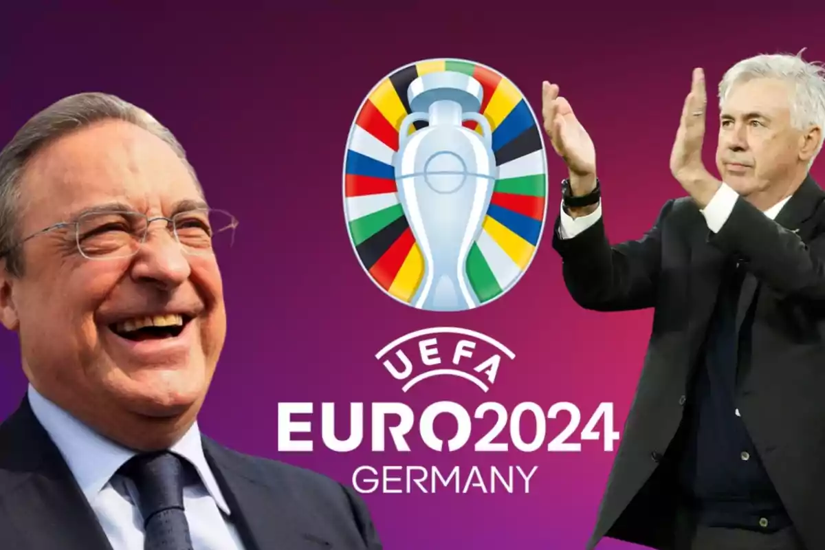 Florentino Pérez se ríe ostensiblemente mientras Carlo Ancelotti aplaude y de fondo el logo de la Eurocopa de Alemania