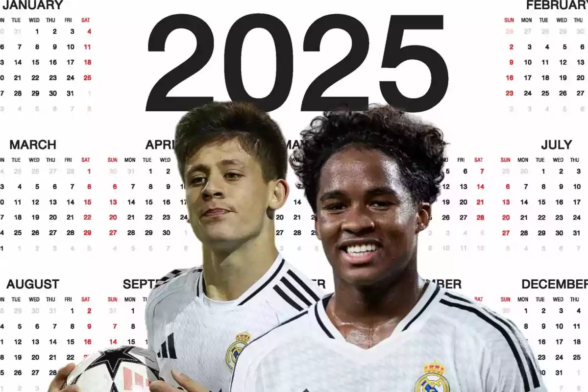 Jugadores de fútbol con camisetas del Real Madrid frente a un calendario del año 2025.