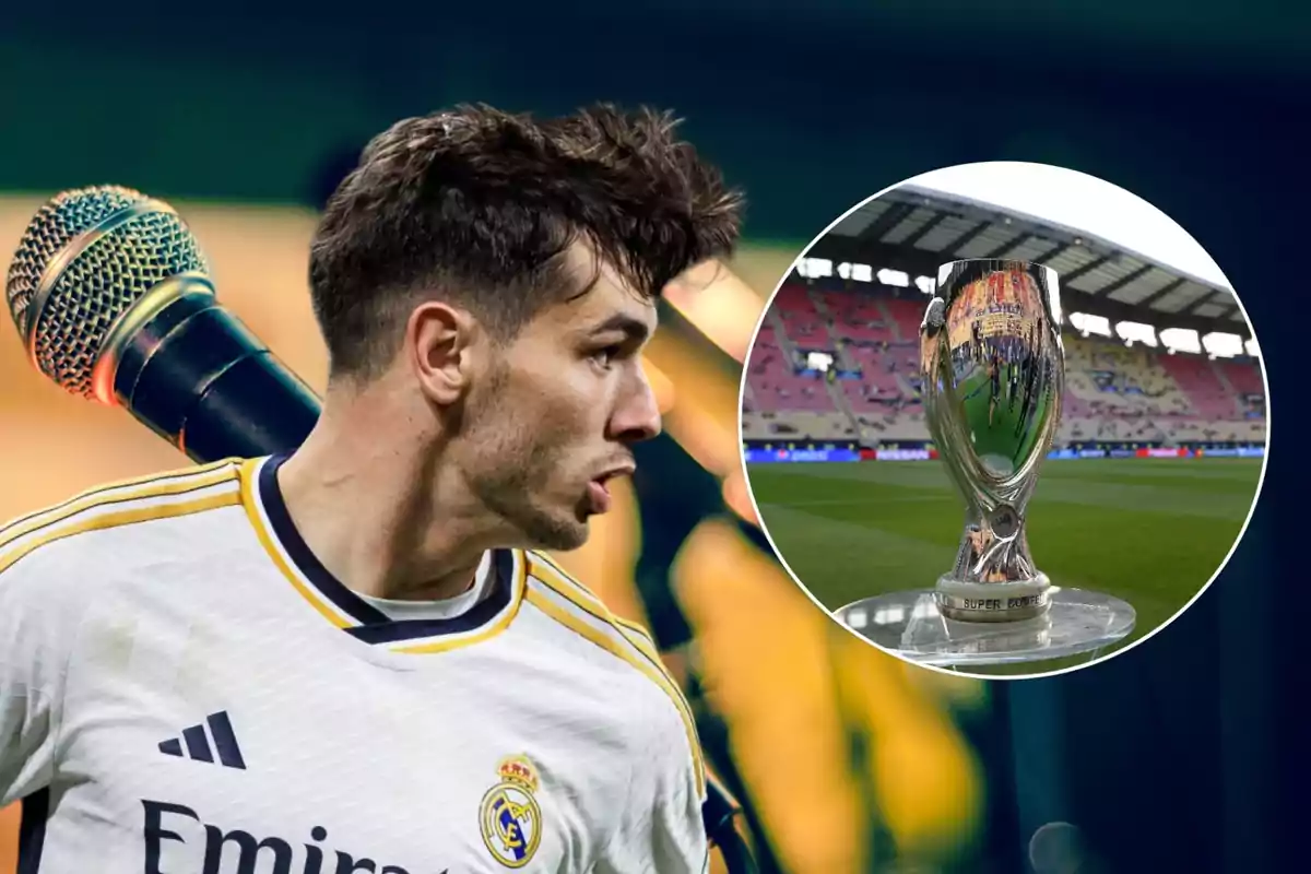 Un jugador de fútbol con la camiseta del Real Madrid y un micrófono en el fondo, junto a una imagen de un trofeo en un estadio.