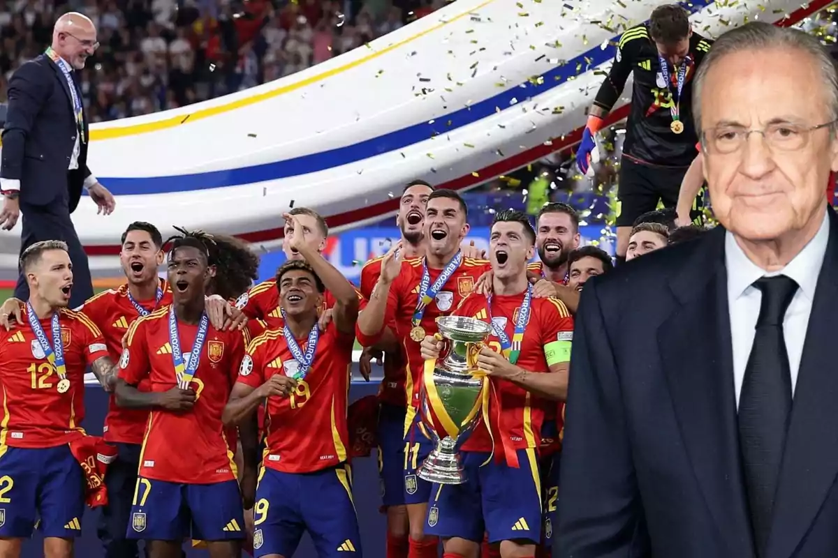 Un grupo de jugadores de fútbol con uniformes rojos celebra con un trofeo mientras confeti cae a su alrededor.