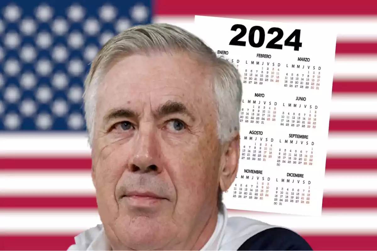 Carlo Ancelotti frente a bandera de EEUU y calendario