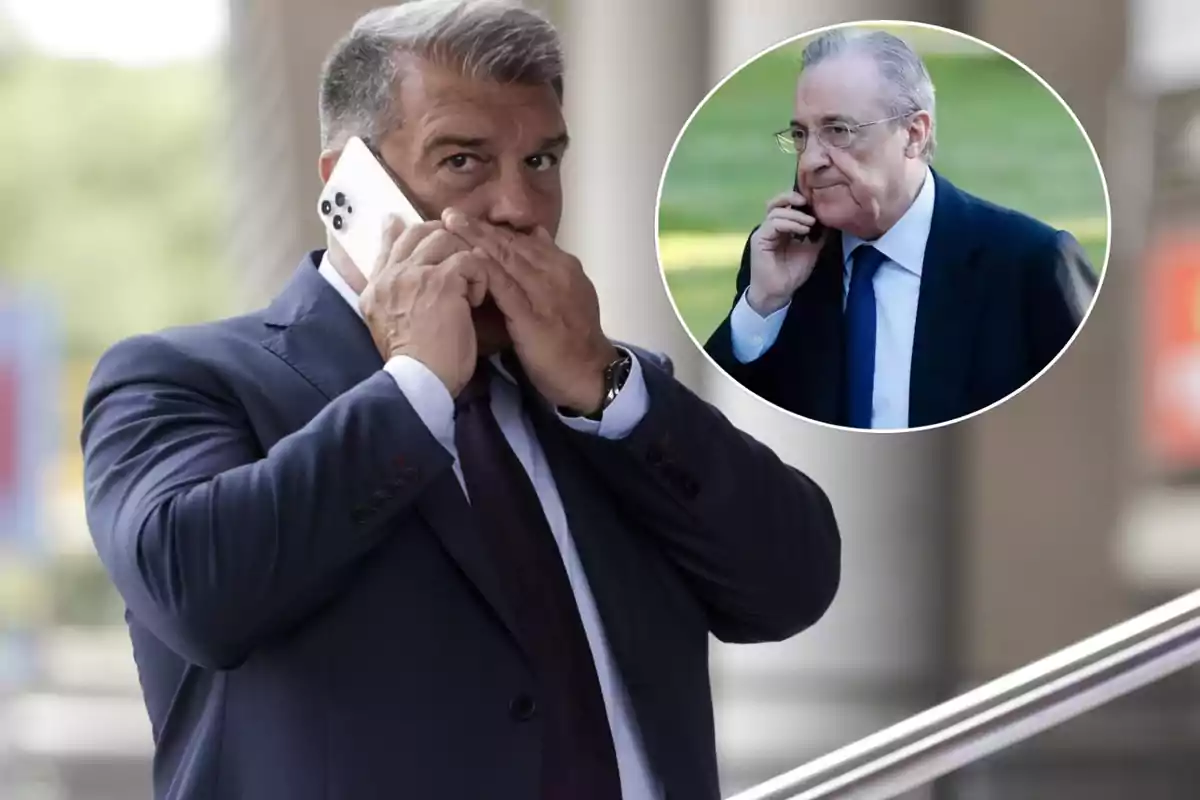 Joan Laporta hablando por teléfono y tapándose la boca junto a un círculo donde sale Florentino Pérez también hablando por teléfono