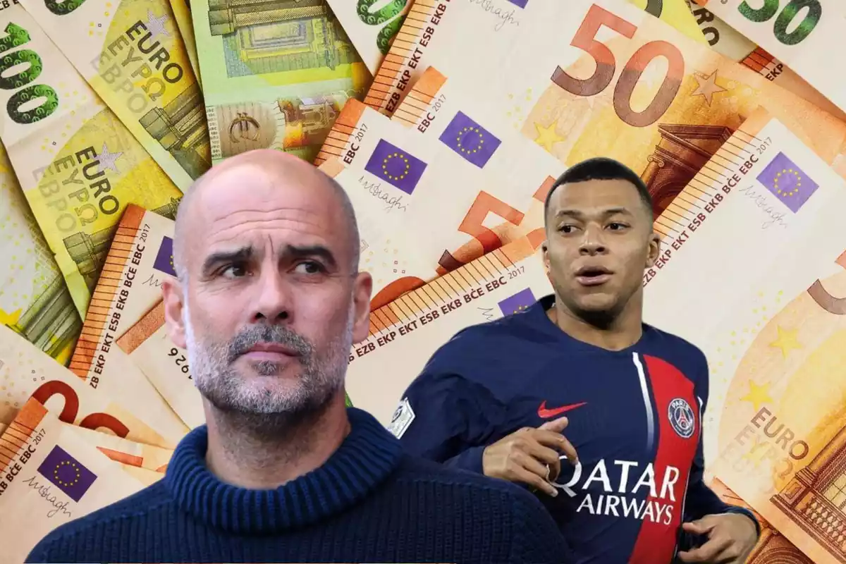 Pep Guariola mira preocupado a Kylian Mbappé con la camiseta del PSG, sobre un fondo de billetes de euros