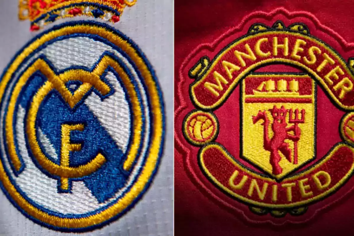 Escudos de los equipos de fútbol Real Madrid y Manchester United.