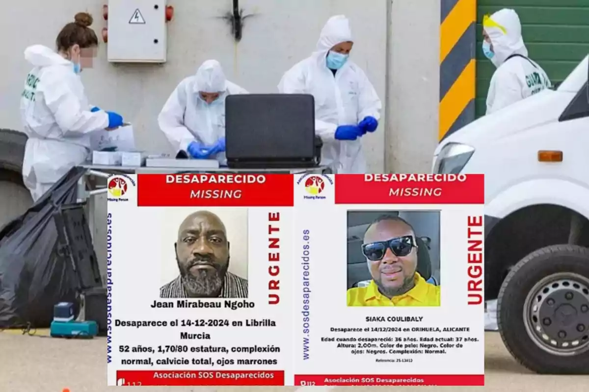 Personas con trajes de protección trabajan en una escena mientras se muestran carteles de personas desaparecidas.