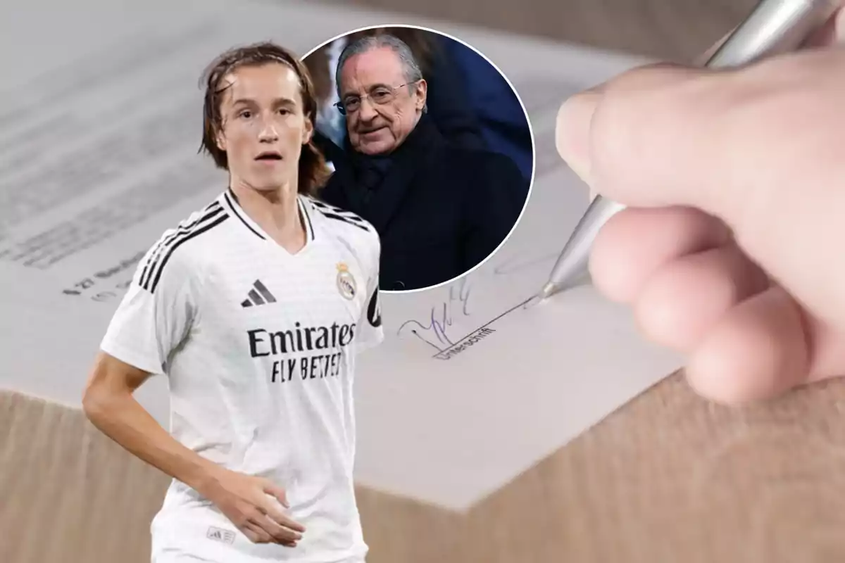 Un jugador de fútbol con la camiseta del Real Madrid aparece en primer plano, mientras una mano firma un documento en el fondo y un hombre mayor sonríe en un recuadro circular.