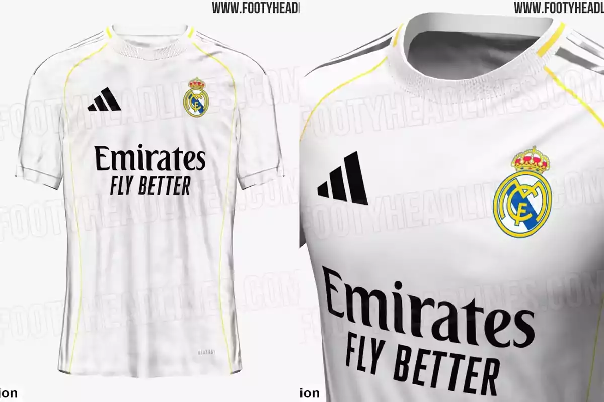 Imagen de una camiseta de fútbol blanca con detalles en amarillo, el logo de un equipo en el pecho y el patrocinador 