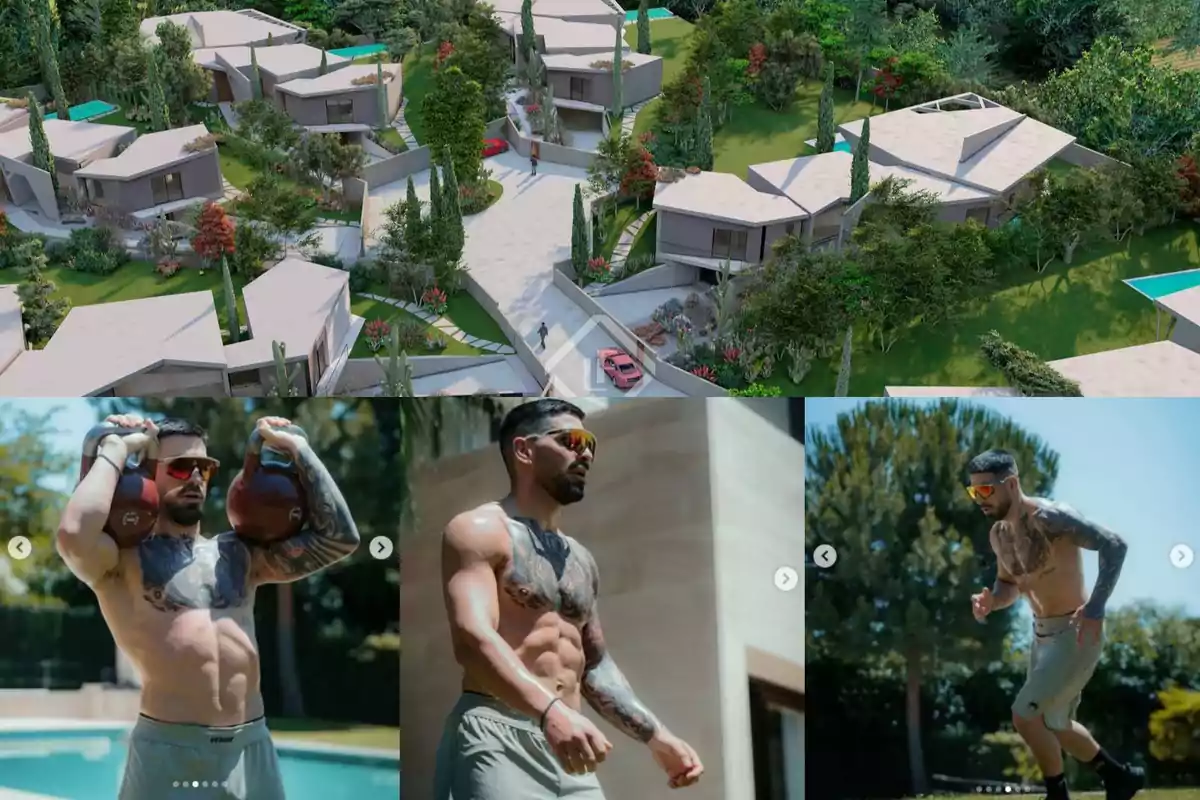 Vista aérea de un conjunto de casas modernas rodeadas de vegetación y piscina, seguida de imágenes de un hombre haciendo ejercicio al aire libre con pesas y corriendo.