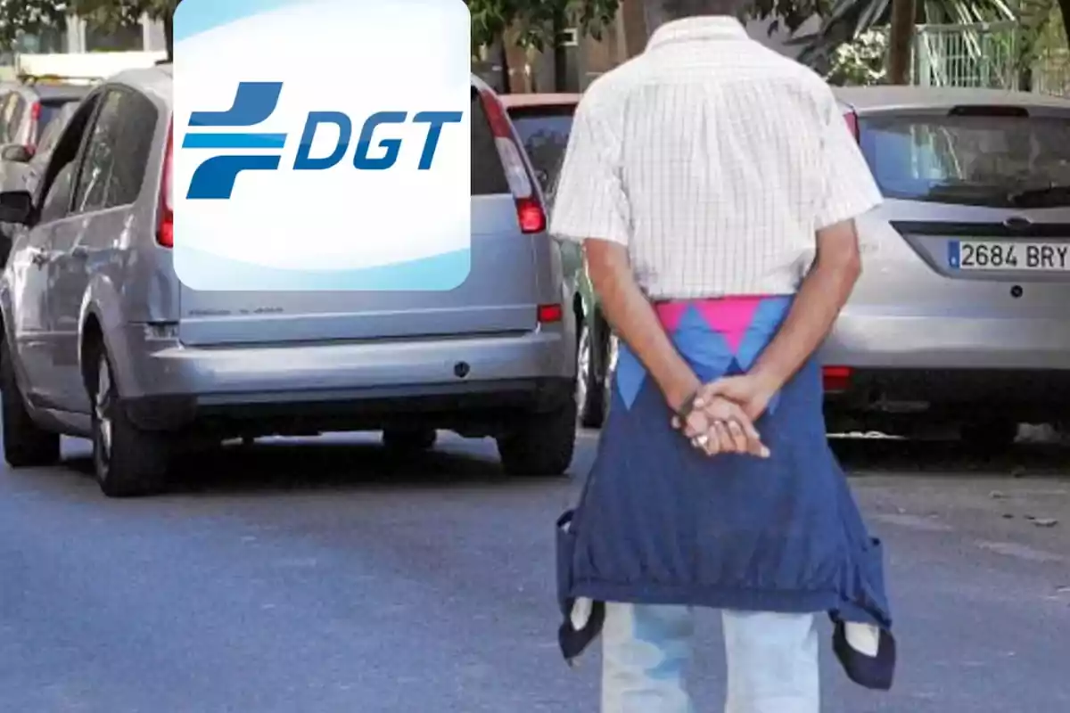 Un hombre de espaldas con las manos cruzadas observa una fila de coches estacionados en la calle, uno de los cuales tiene el logo de la DGT en la parte trasera.