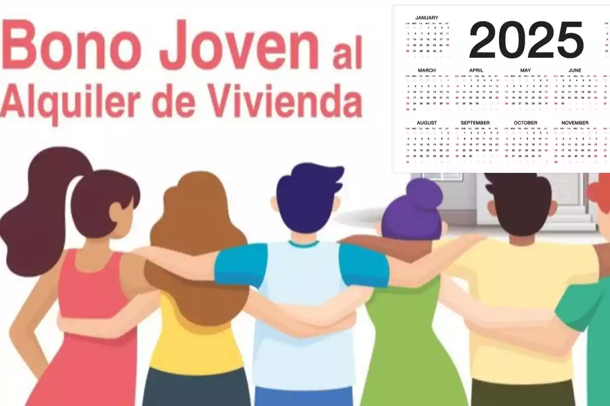 Ilustración de un grupo de jóvenes abrazados de espaldas con el texto "Bono Joven al Alquiler de Vivienda" y un calendario del año 2025 en la esquina superior derecha.