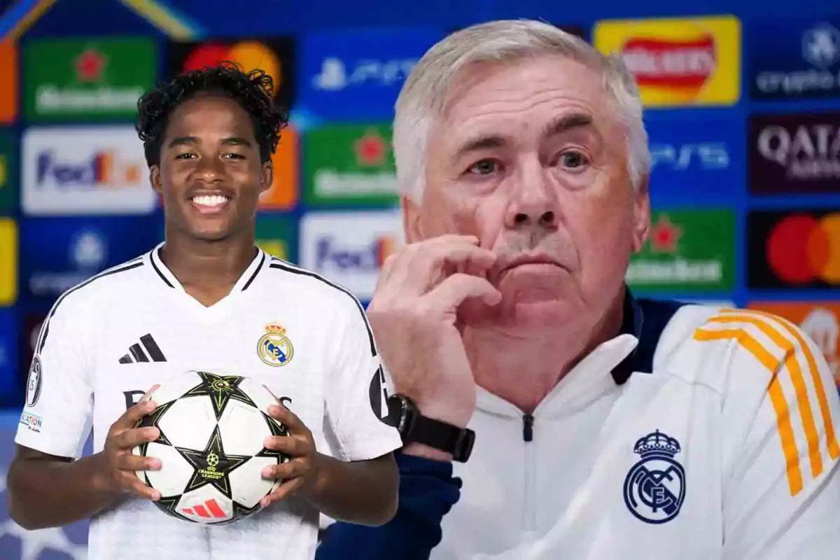 Un jugador del Real Madrid sosteniendo un balón junto a un entrenador en una conferencia de prensa.