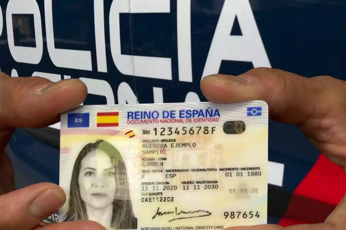 Una persona sosteniendo un Documento Nacional de Identidad (DNI) de España frente a un vehículo de la policía.