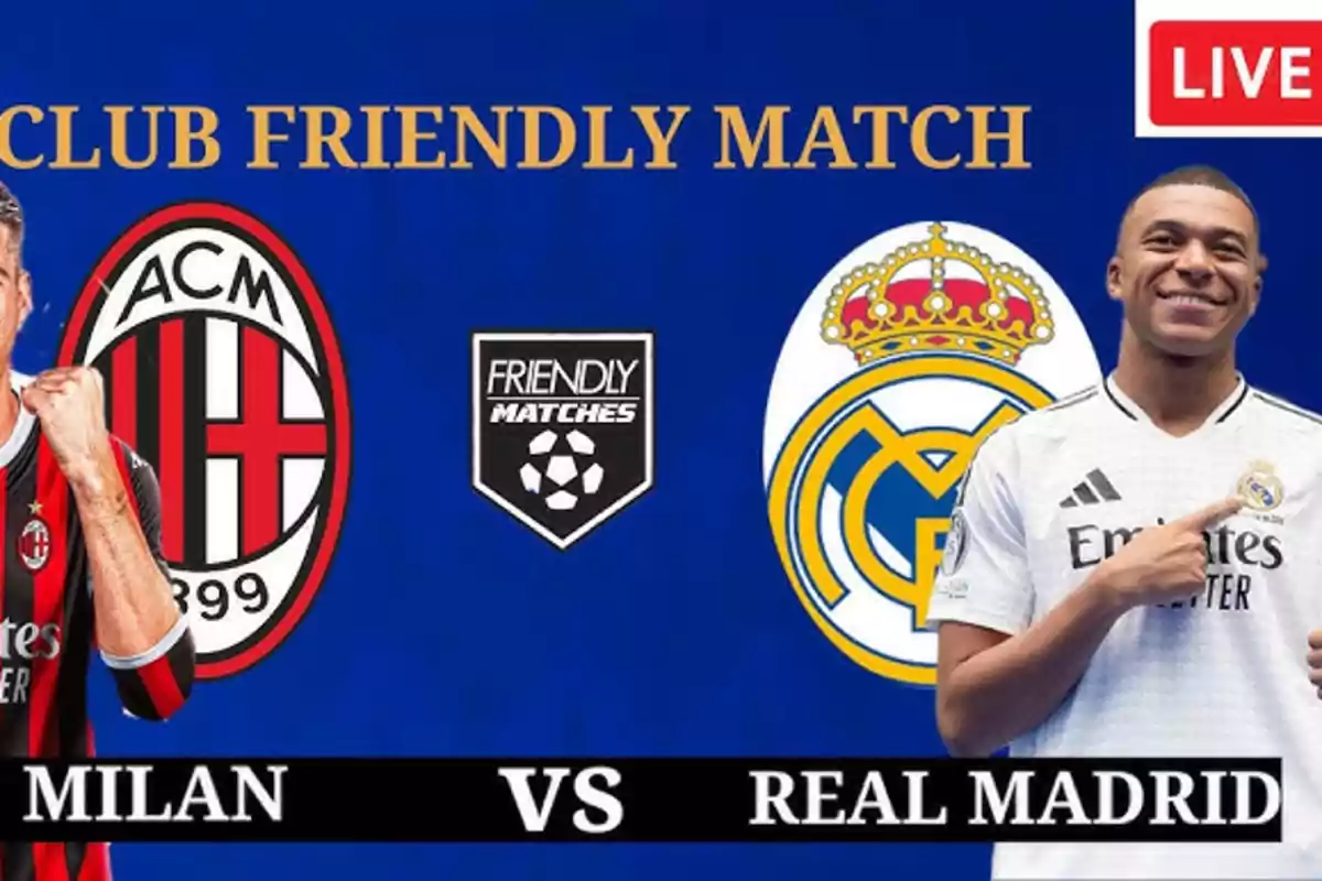 Imagen de un partido amistoso de fútbol entre el AC Milan y el Real Madrid, con los logotipos de ambos equipos y dos jugadores en el centro.