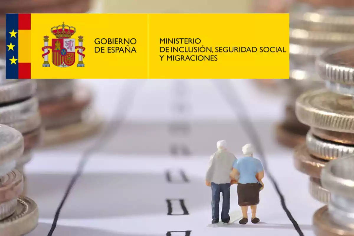 Imagen del logotipo del Gobierno de España y el Ministerio de Inclusión, Seguridad Social y Migraciones, con una representación de dos personas mayores caminando entre pilas de monedas.