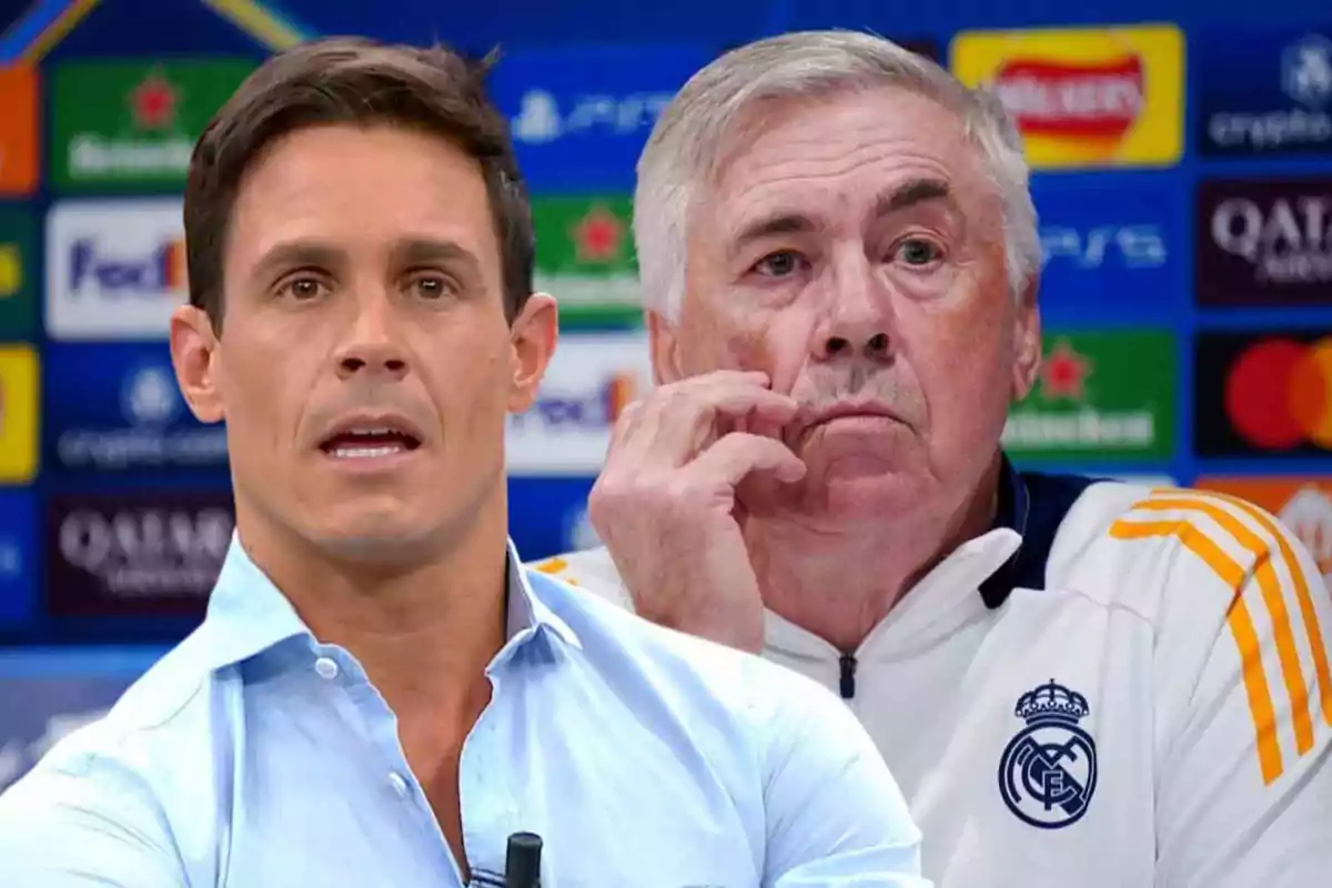 Dos hombres en una conferencia de prensa con un fondo de logotipos deportivos.