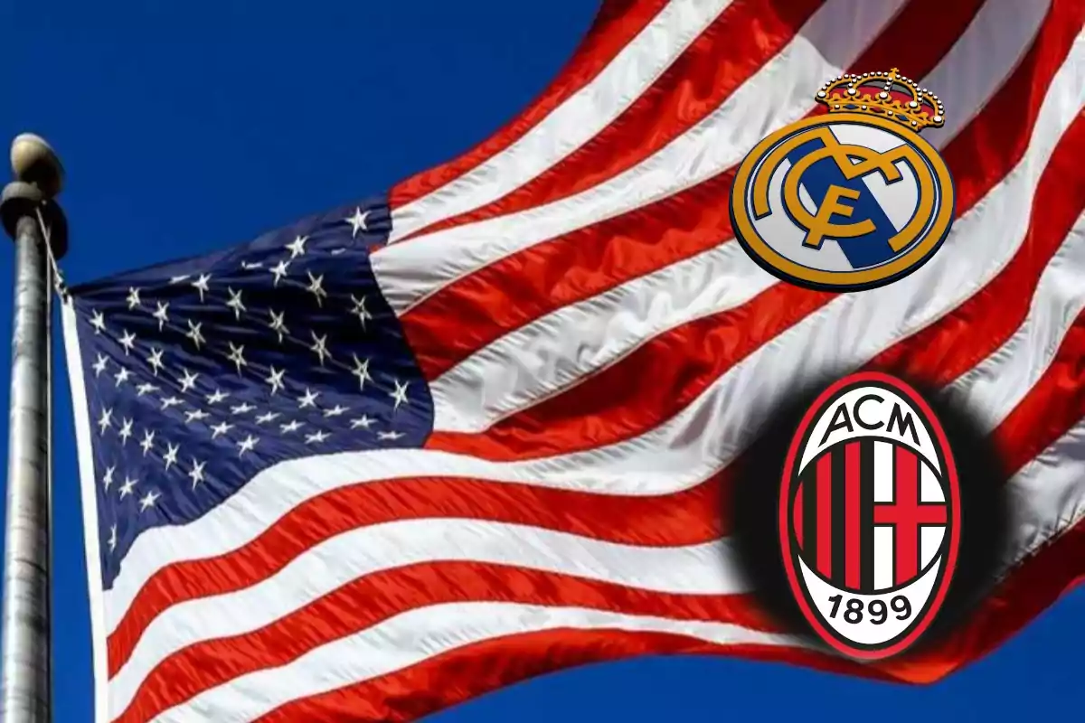 Bandera de Estados Unidos con los logotipos del Real Madrid y AC Milan superpuestos.