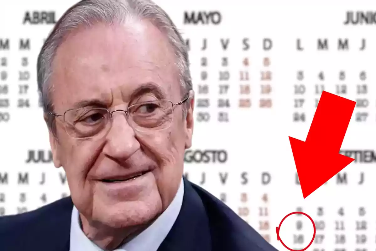 Florentino Pérez aparece frente a un calendario con una flecha roja señalando una fecha.