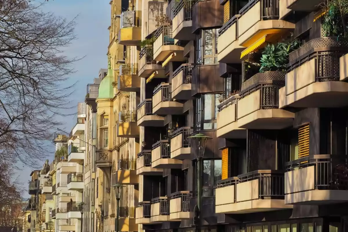 Edificios residenciales con balcones en una calle arbolada.