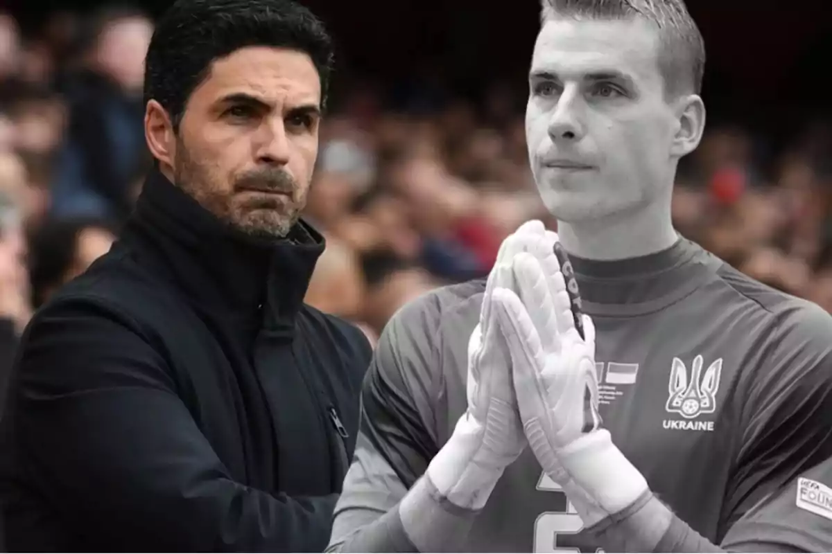 Mikel Arteta y Lunin en blanco y negro