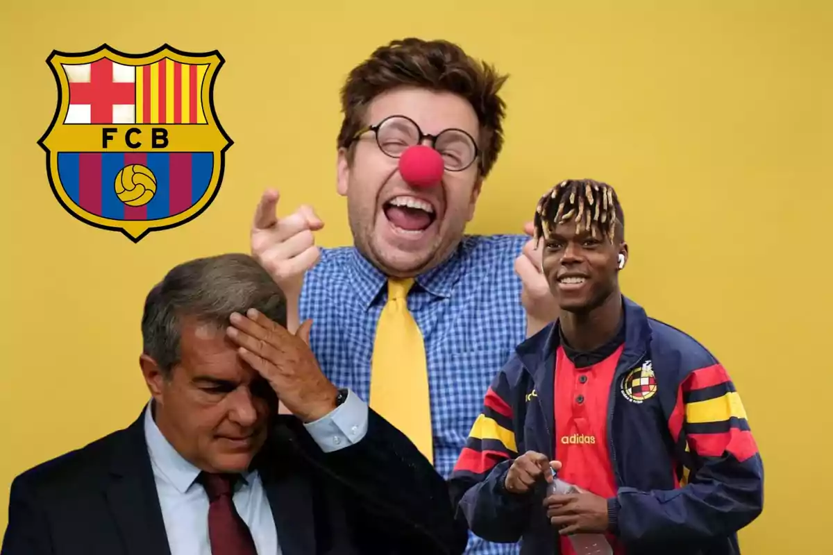 Tres personas y el escudo del FC Barcelona sobre un fondo amarillo.