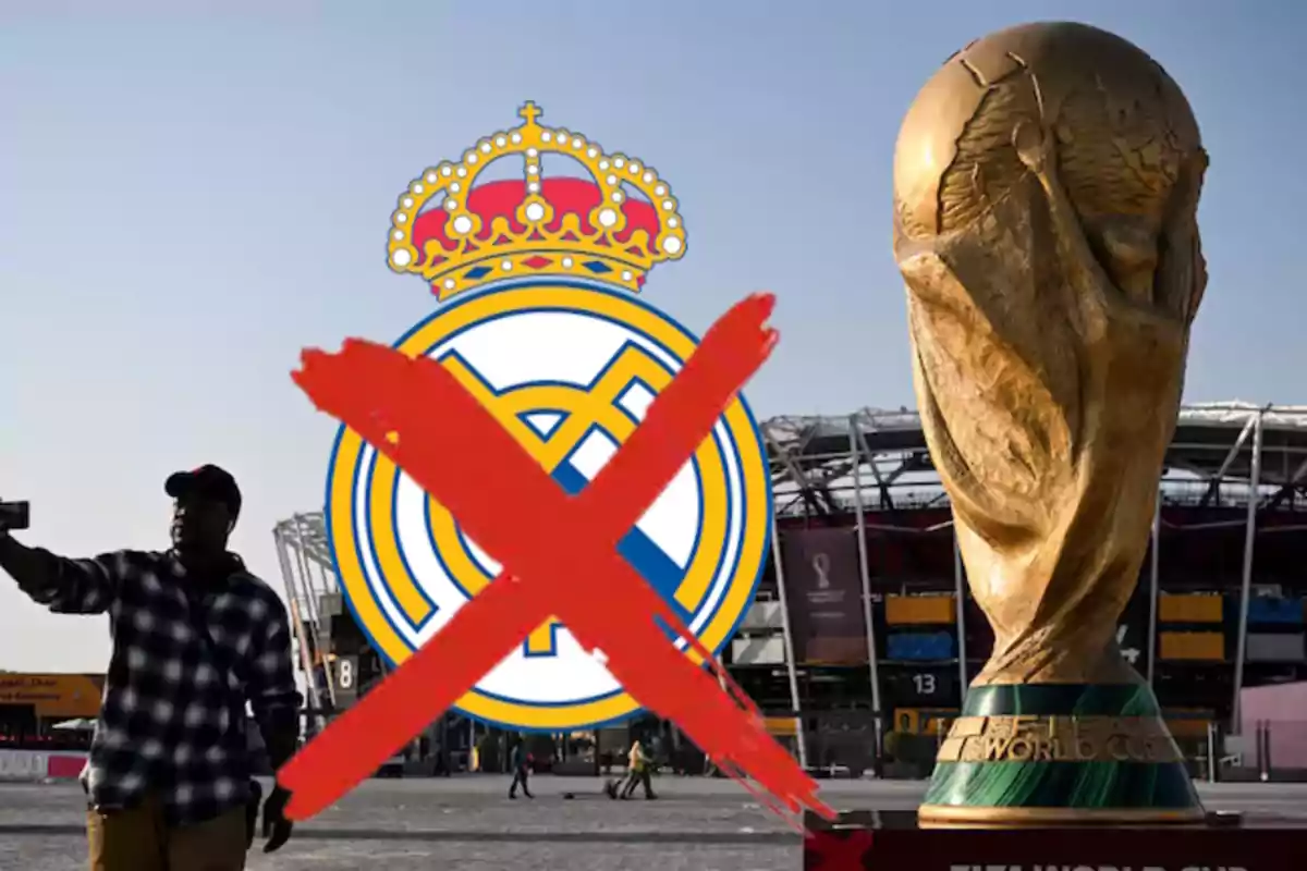 Hombre tomándose una selfie frente a un estadio con el trofeo de la Copa del Mundo y el logo del Real Madrid tachado en rojo.