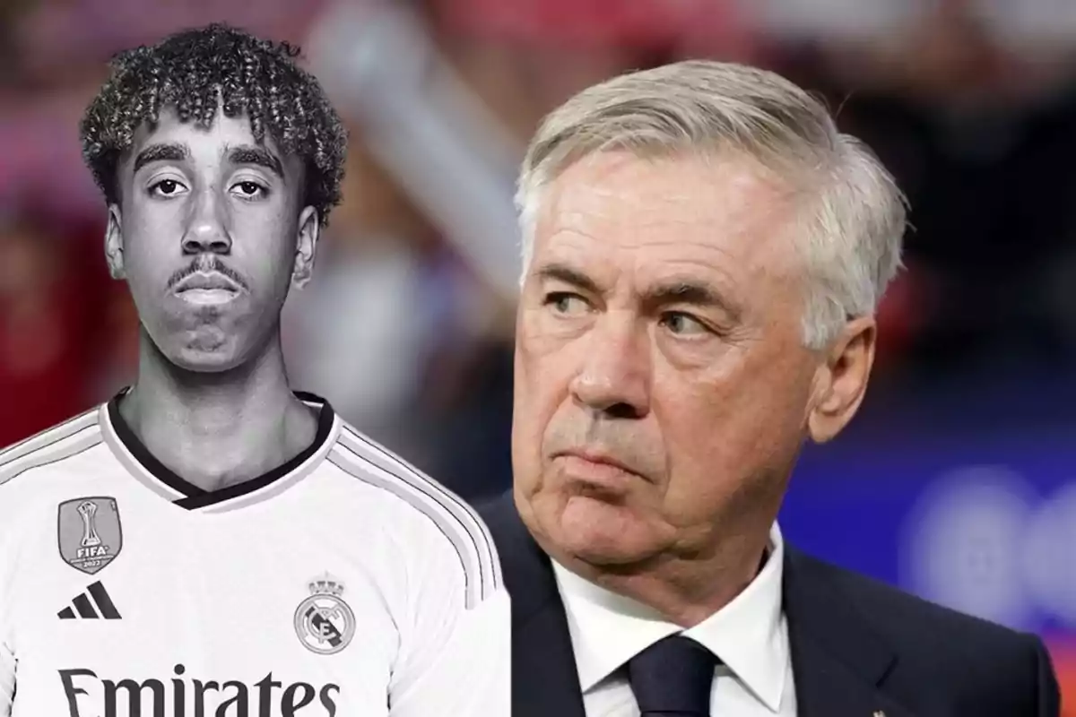 Carlo Ancelotti y Leny Yoro en blanco y negro