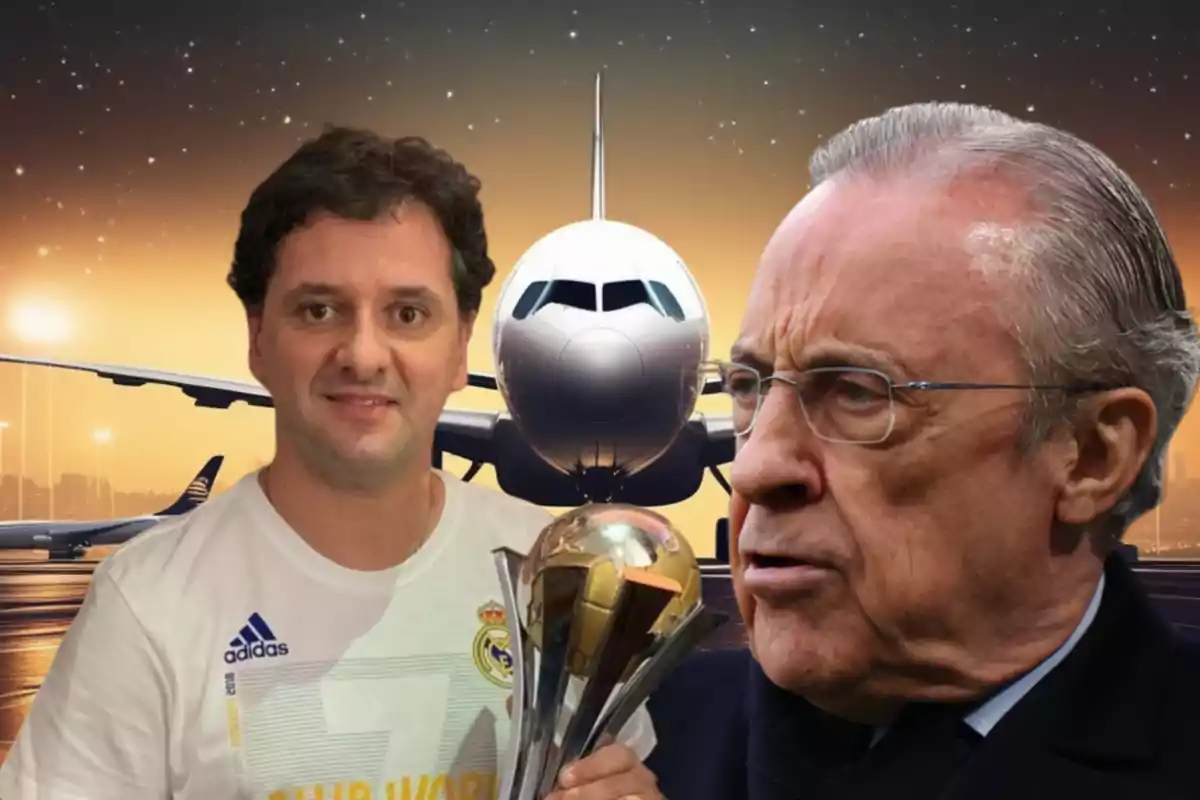 Florentino Pérez mira con cara de sorpresa una imagen de Juni Calafat sujetando un trofeo y de fondo la imagen de un avión en un aeropuerto