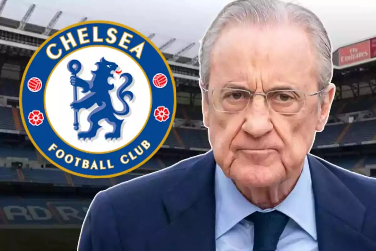 Florentino Pérez, con el logo del Chelsea Football Club al fondo.