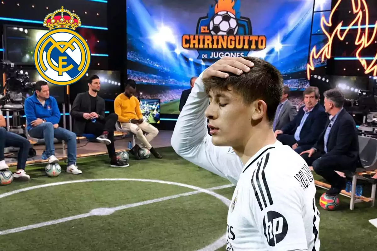 Un joven futbolista con la camiseta del Real Madrid se toca la cabeza en un estudio de televisión con el logo de "El Chiringuito de Jugones" y varias personas sentadas al fondo.