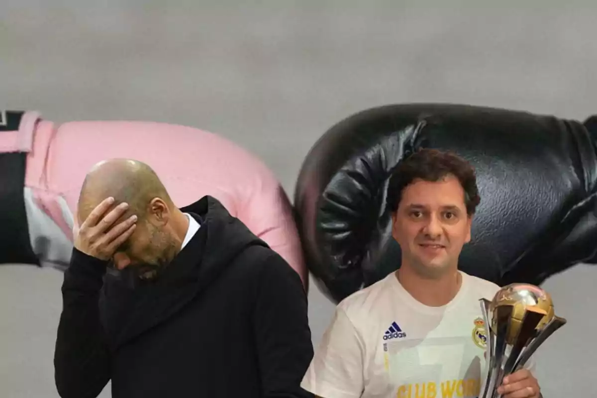 Pep Guardiola con abrigo preocupado con la mano en la cabeza junto a Juni Calafat sosteniendo un trofeo, de fondo dos guantes de boxeo se chocan en medio de la imagen