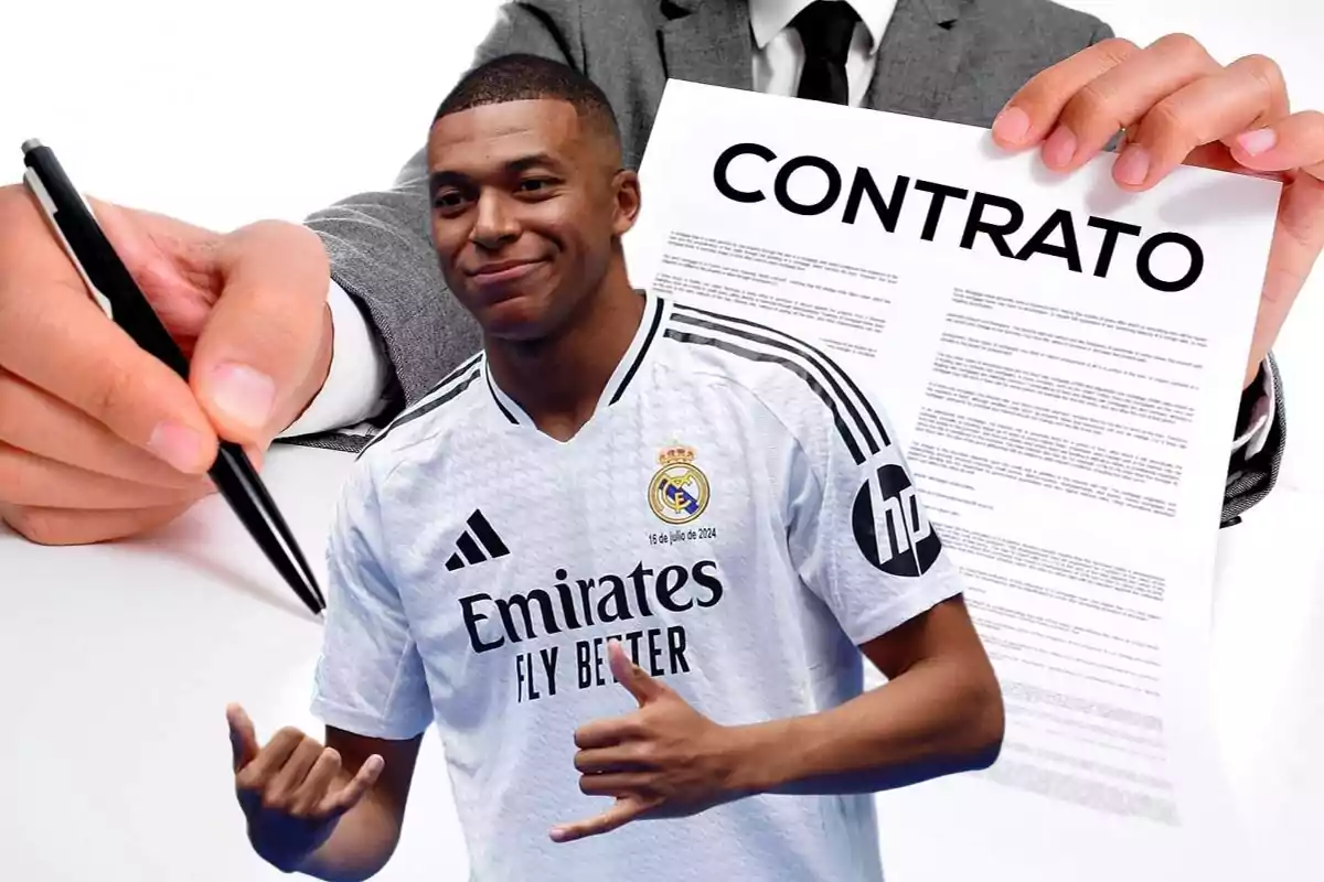 Mbappé con la camiseta del Real Madrid frente a un contrato siendo firmado.