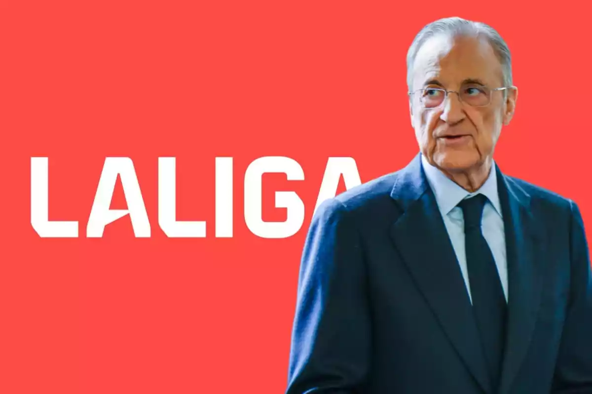 Hombre de traje frente a un fondo rojo con el texto "LALIGA"