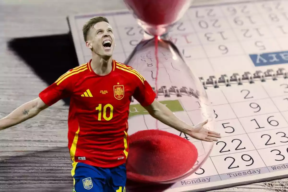 Un jugador de fútbol con la camiseta de la selección española celebra con los brazos abiertos, mientras un reloj de arena y un calendario se ven en el fondo.