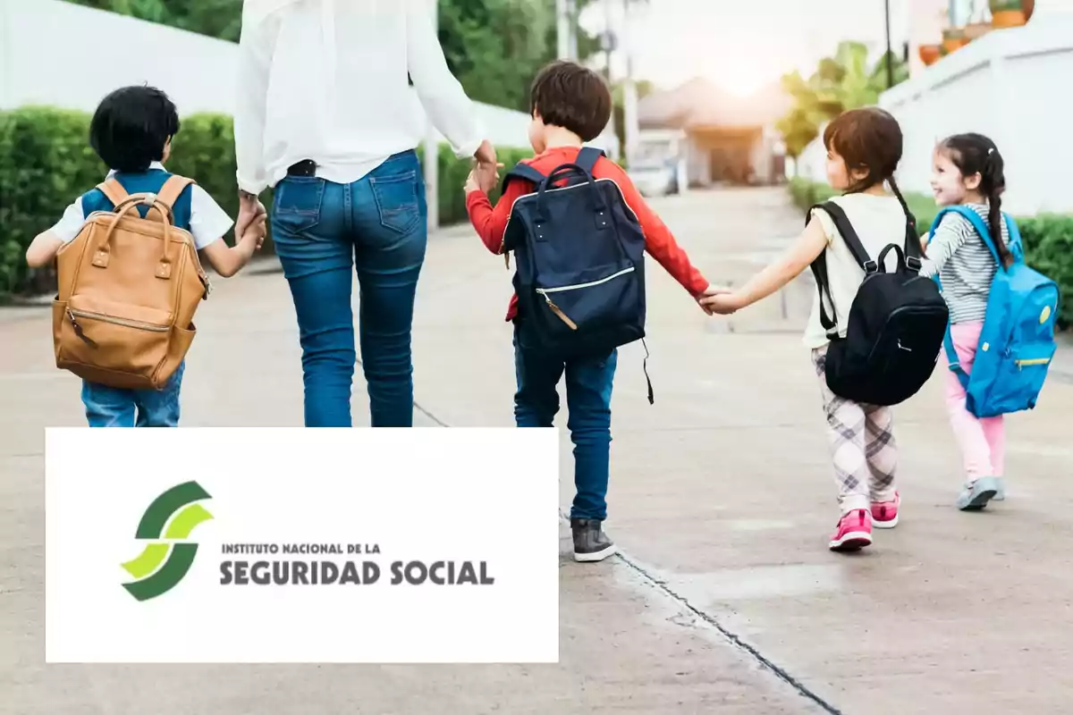 Una persona adulta caminando de la mano con cuatro niños que llevan mochilas, con el logo del Instituto Nacional de la Seguridad Social en la parte inferior.