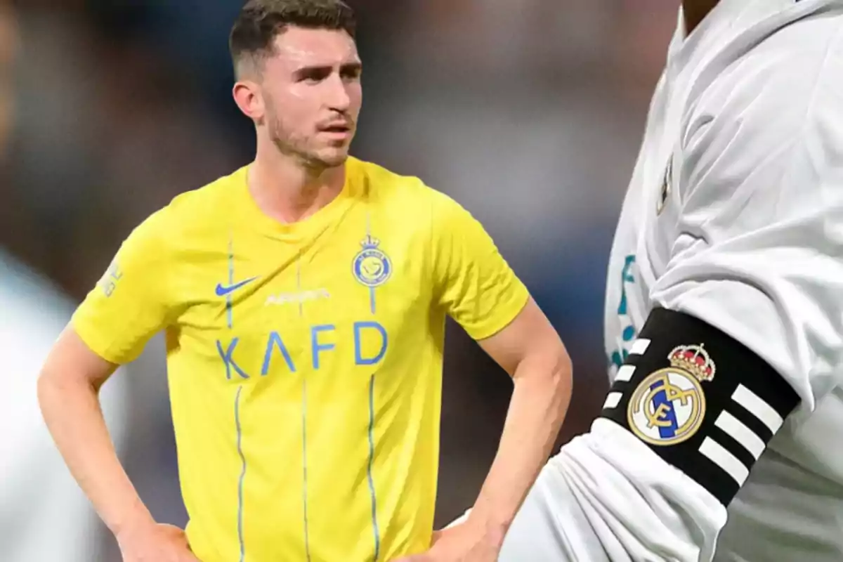 Un jugador de fútbol con camiseta amarilla del equipo Al-Nassr y un jugador con camiseta blanca del Real Madrid.