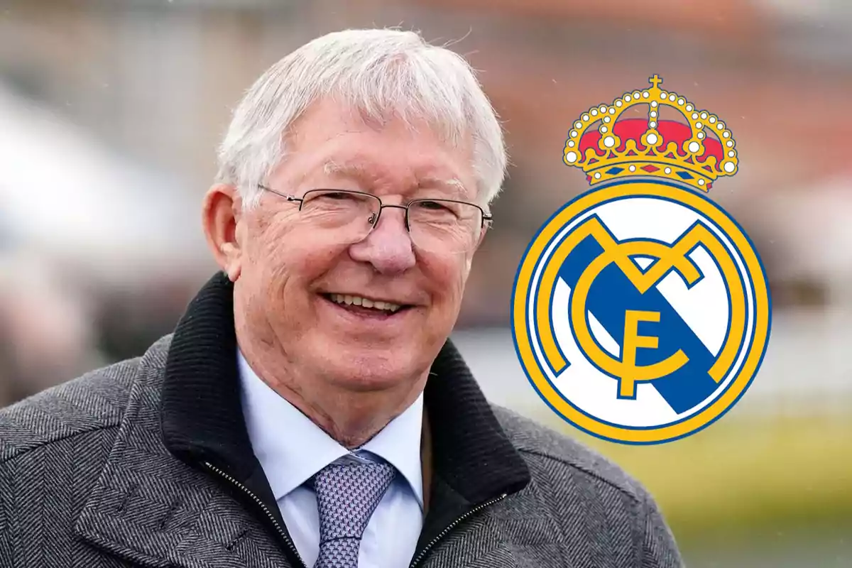 Alex Ferguson y escudo del Real Madrid