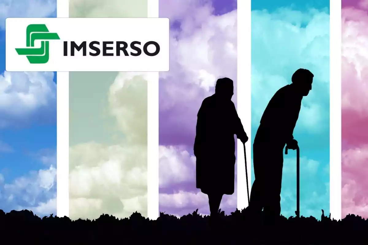 Logo del IMSERSO con la silueta de dos personas mayores caminando con bastones sobre un fondo de cielo con nubes de colores.