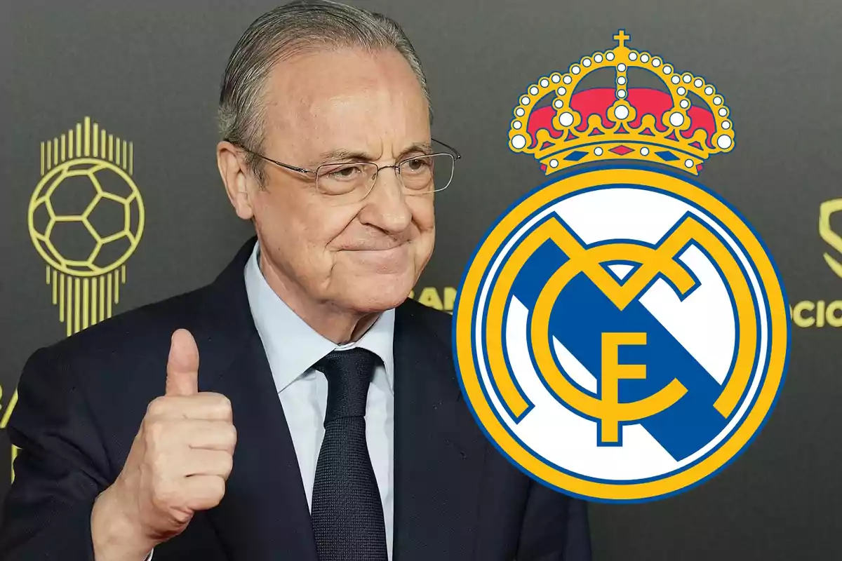 Florentino Pérez con el pulgar levantado junto al escudo del Real Madrid.