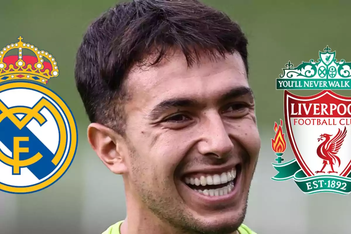 Zubimendi y escudos Real Madrid y Liverpool