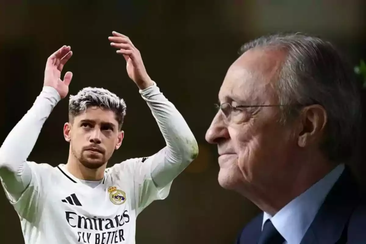 Un jugador de fútbol con la camiseta del Real Madrid aplaudiendo y un hombre mayor con gafas y traje en el fondo.