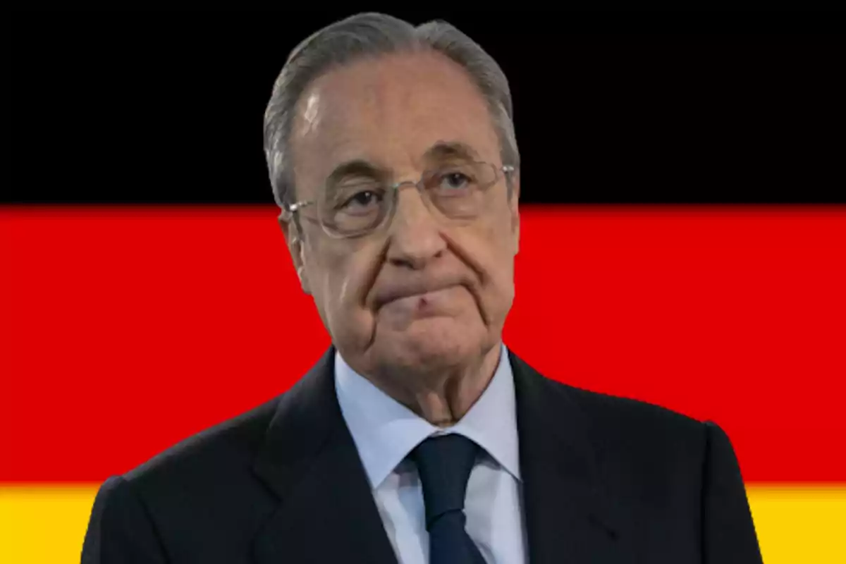 Florentino Pérez frente a una bandera de Alemania.