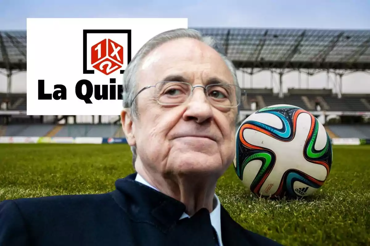 Un hombre mayor con gafas está en primer plano, con un balón de fútbol a su lado y un estadio de fondo; detrás de él, se ve un cartel que dice "La Quiniela" con un logotipo de 1X2.