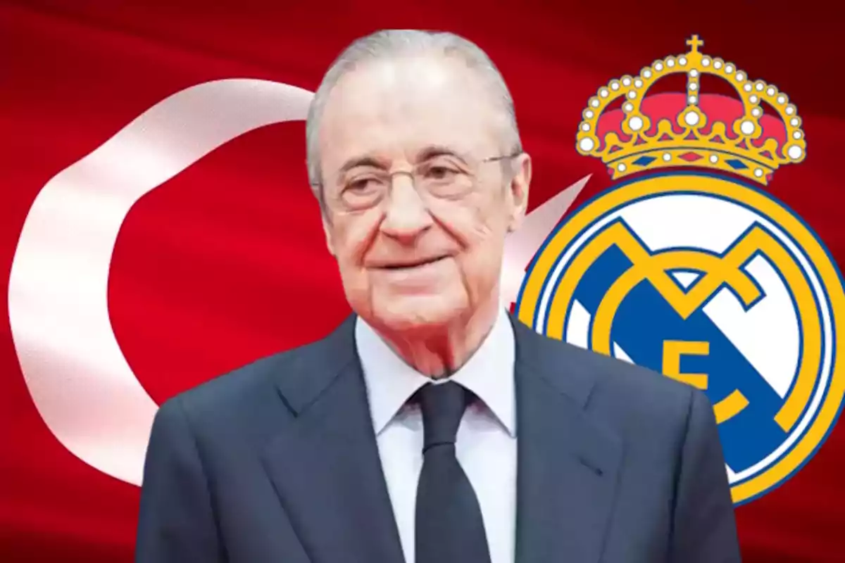 Florentino Pérez frente a una bandera de Turquía y el escudo del Real Madrid.