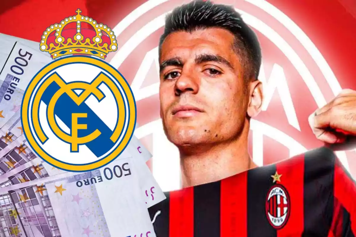 Morata con la camiseta del AC Milan, billetes de 500 euros y el escudo del Real Madrid.