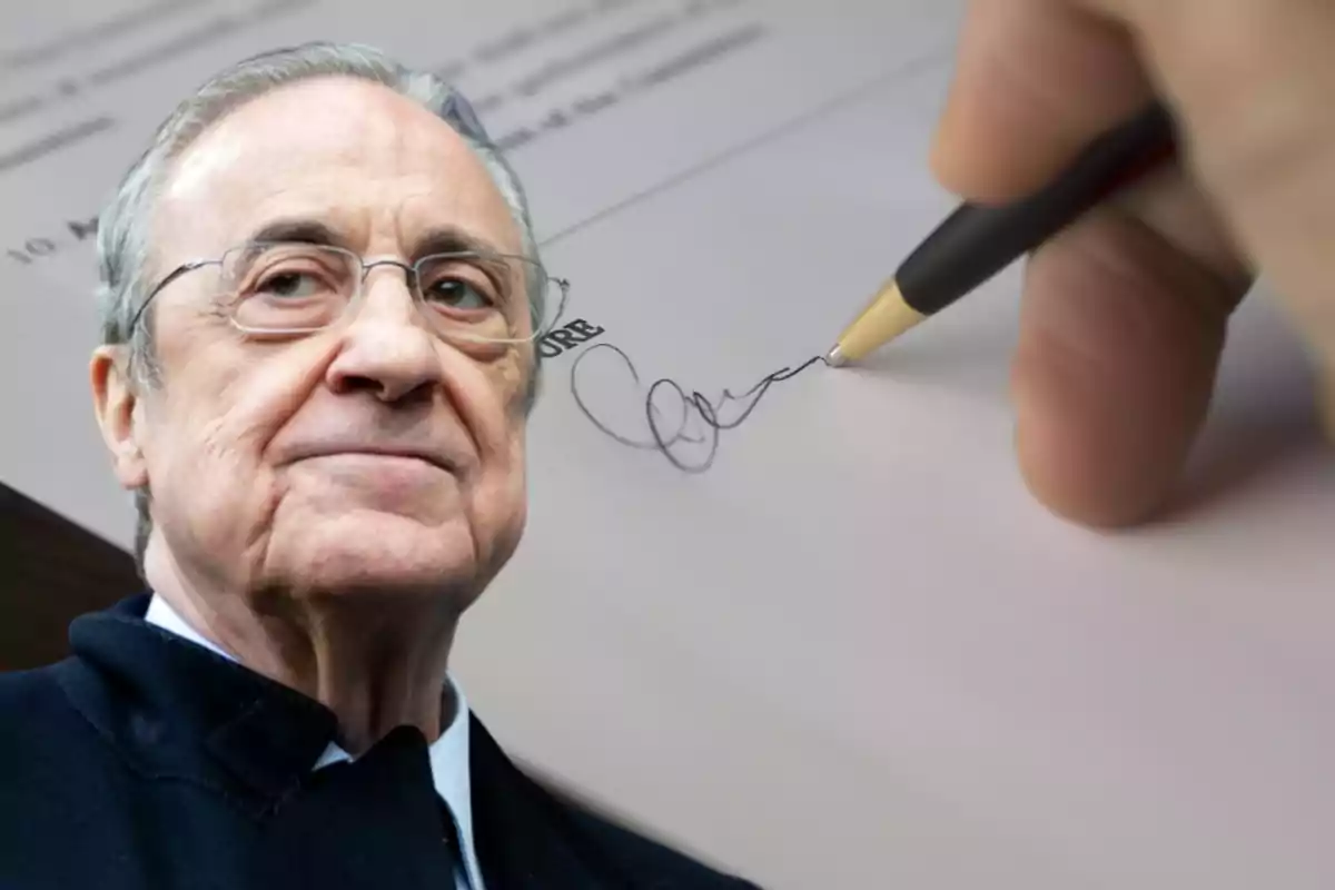 Florentino Pérez con rostro serio y de fondo una mano firmando un documento