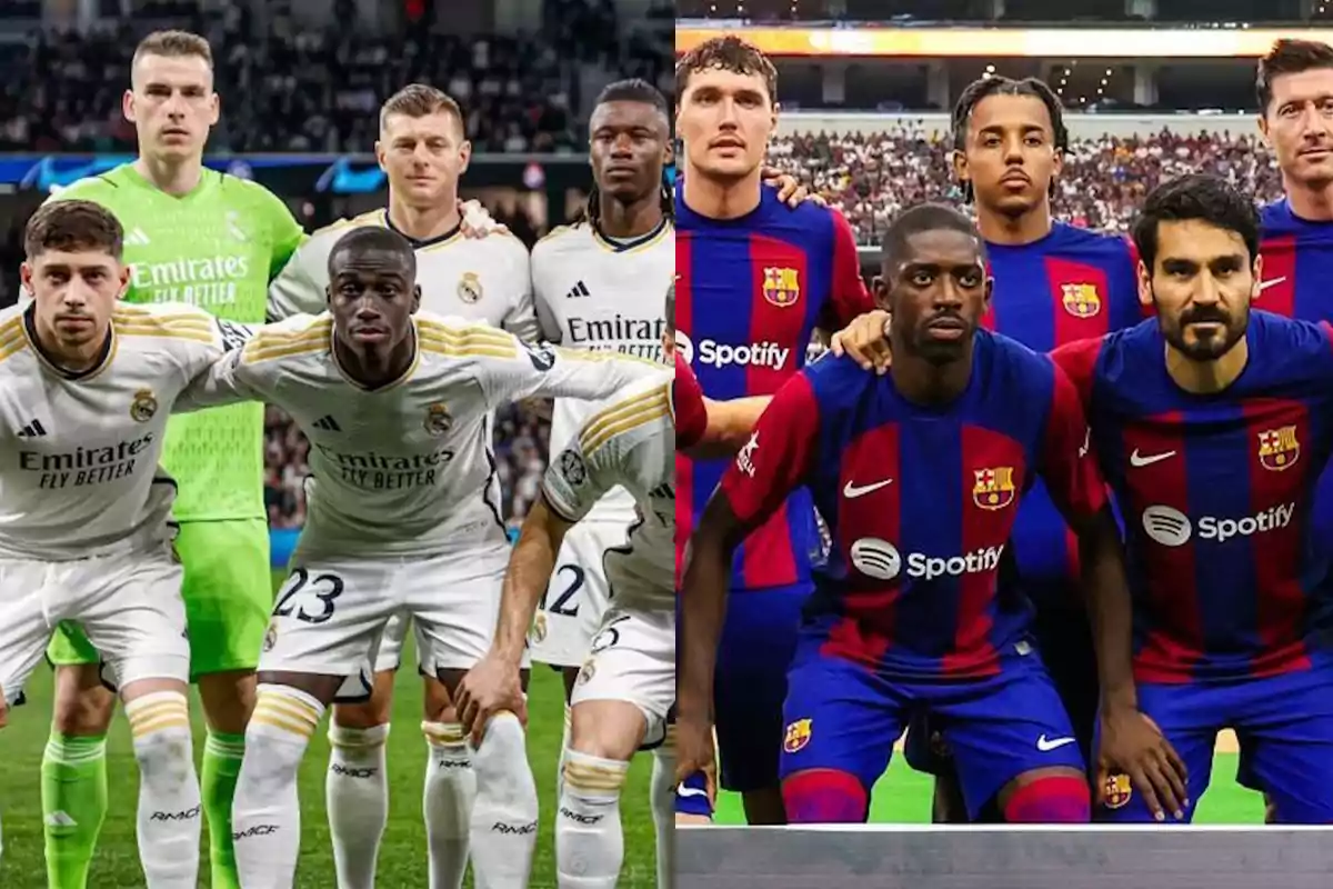 Jugadores de los equipos de fútbol Real Madrid y FC Barcelona posando para una foto grupal antes de un partido.