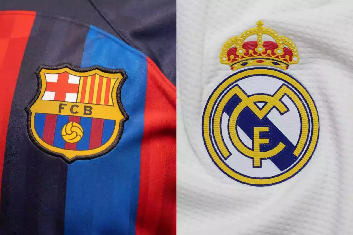 Escudos de los equipos de fútbol FC Barcelona y Real Madrid en sus camisetas.