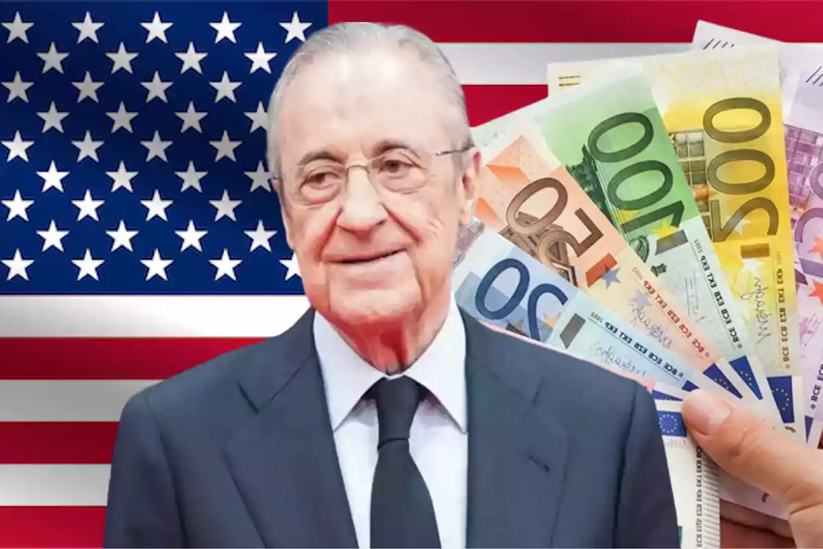 Florentino Pérez frente a una bandera de Estados Unidos y billetes de euro.