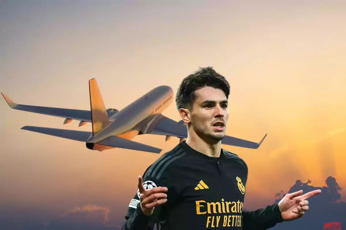 Brahim Díaz con la camiseta del Real Madrid y de fondo un avión alejándose en el cielo