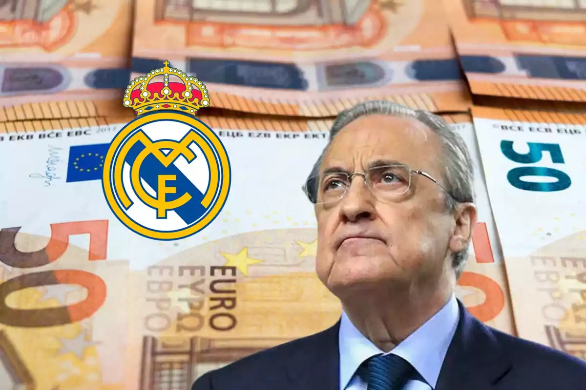 Un hombre con gafas y traje aparece en primer plano, con billetes de 50 euros de fondo y el escudo del Real Madrid a su izquierda.